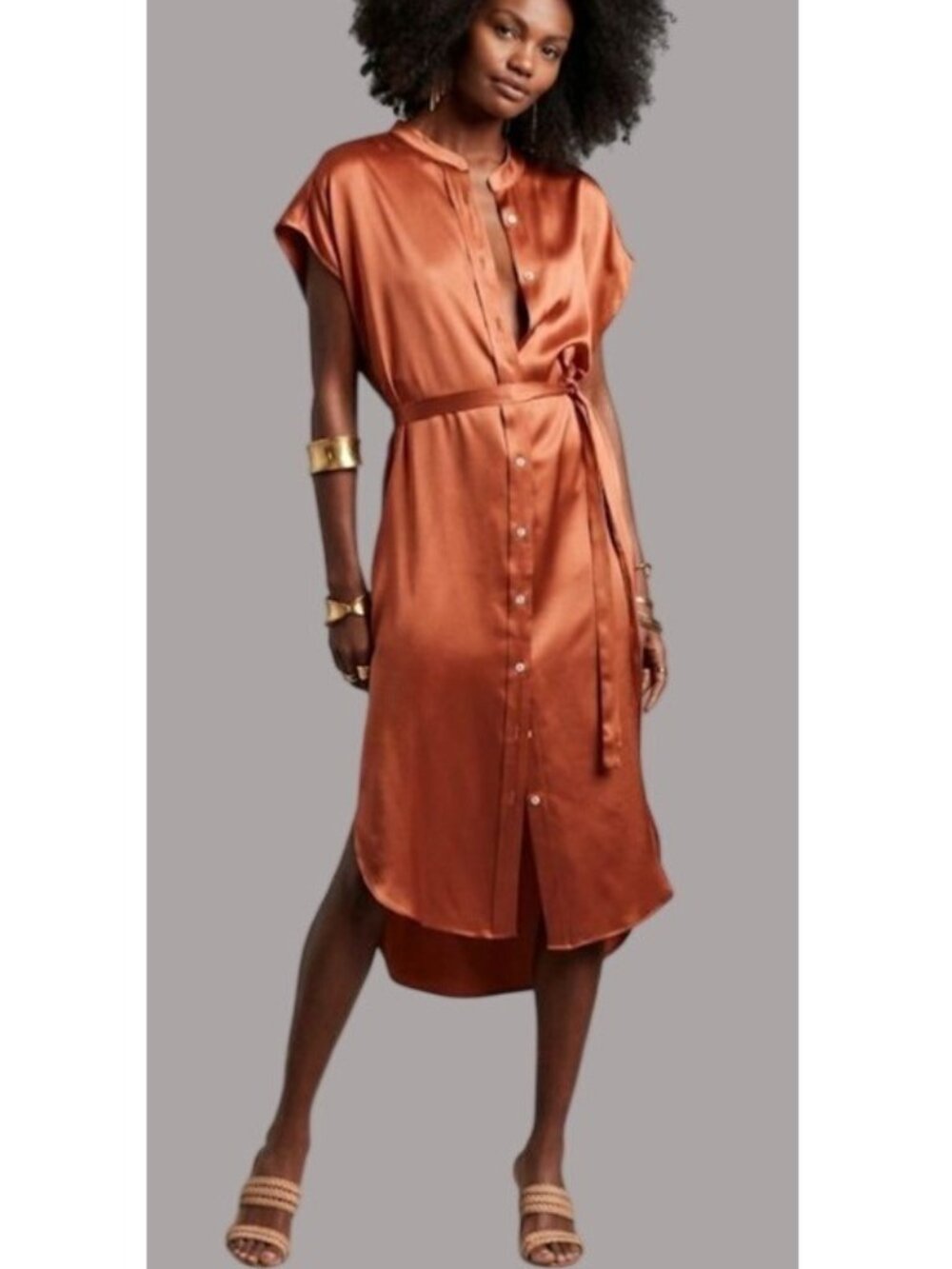 Banana Republic Silk Size M Button-Down Rust Midi Dress Short Sleeve Resortwear